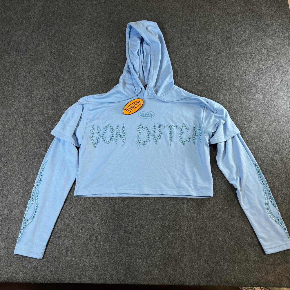 Von Dutch Light Blue Rhinestone Logo Cropped Hoodie Y2K XS NEW